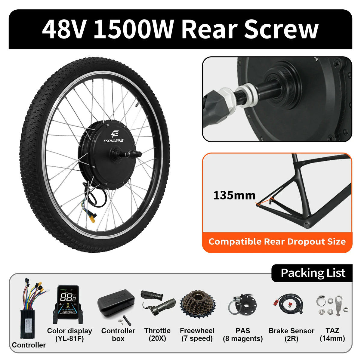 48V 1500W Rear Hub Motor E-Bike Conversion Kit with Tyre, Optional 48V 20Ah Battery, 26", 27.5" and 28"/29"/700C