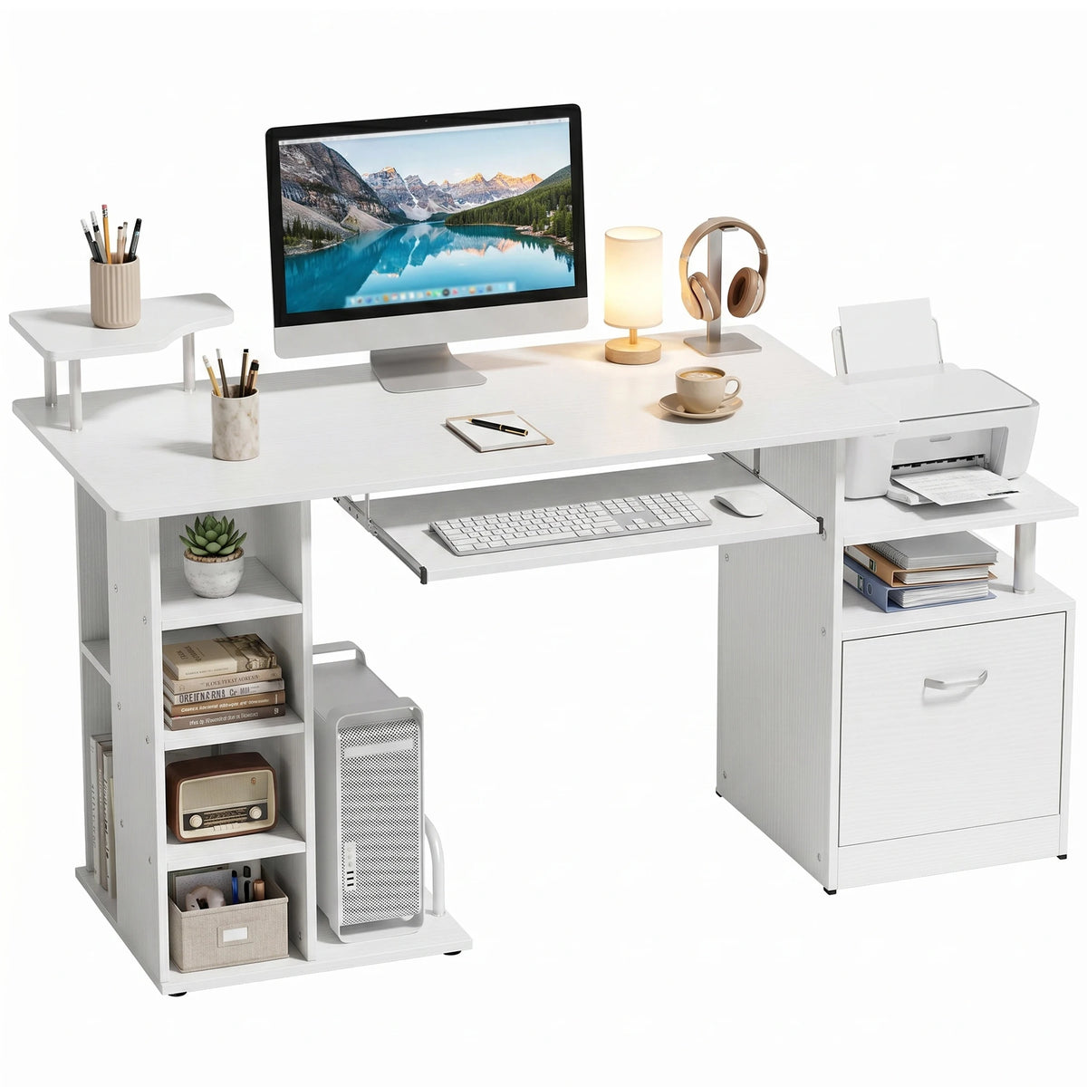 Computer Desk with Keyboard Tray, Printer Shelf and Storage, 120cm, White
