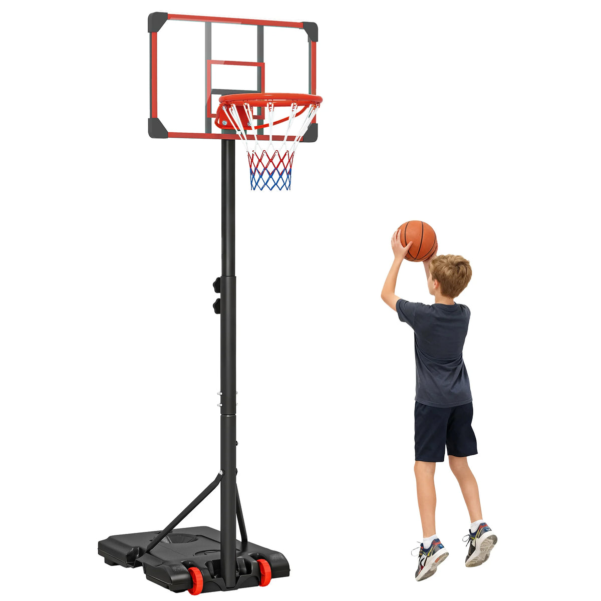 Adjustable Basketball Hoop and Stand with Wheels, Weighted Base, 1.8-2.1m, Red