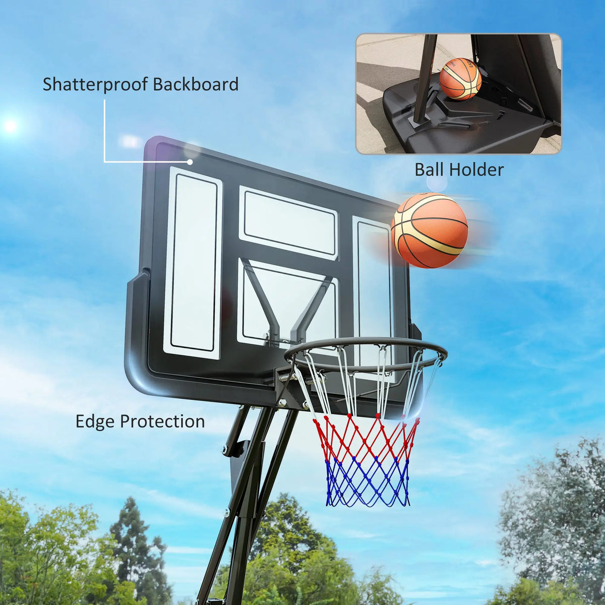 Basketball Hoop Outdoor, Height Adjustable, Rebound System, Weighted Base, Portable, Wheels, 2.45-3.05m, Black