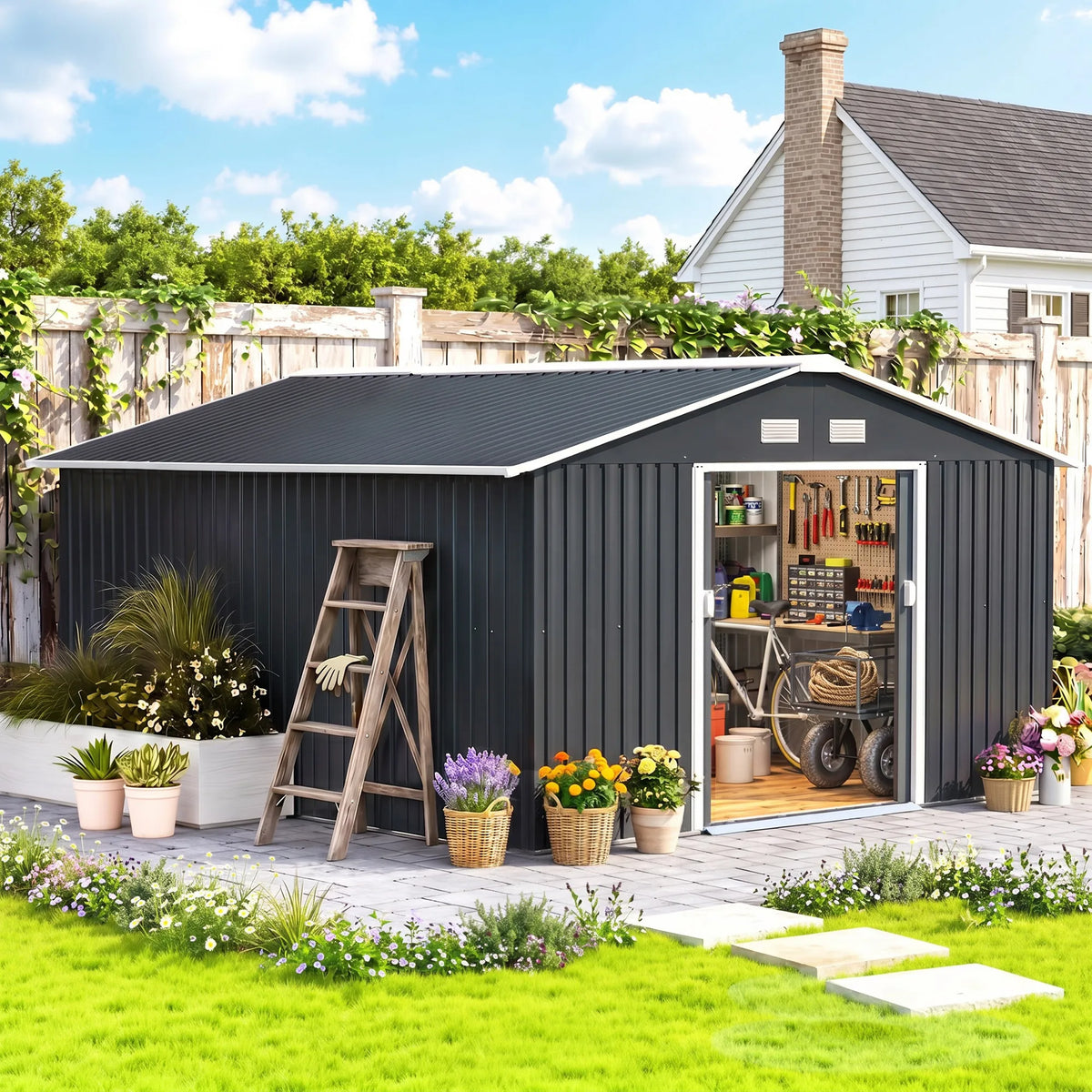 13 x 11ft Metal Garden Shed, Outdoor Storage Tool House with Ventilation Slots, Grey