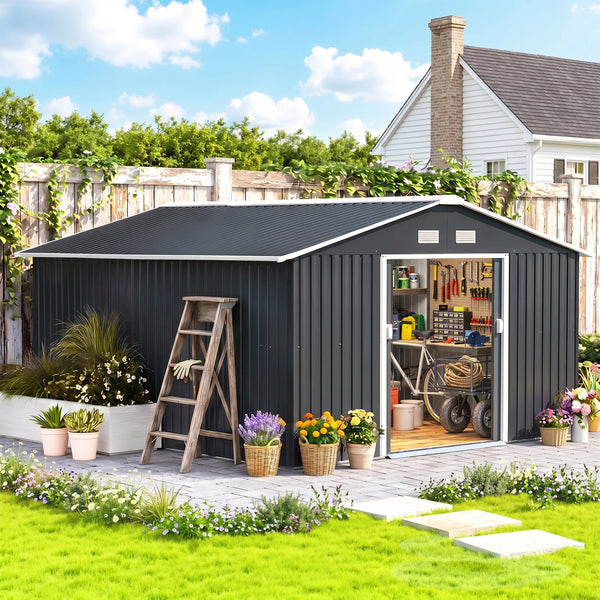13 x 11ft Metal Garden Shed, Outdoor Storage Tool House with Ventilation Slots, Grey