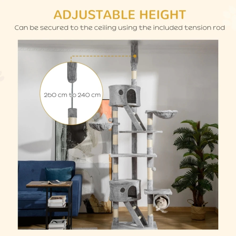 Floor to Ceiling Cat Tree 240-260cm Adjustable Height Light Grey Multi-Level for Indoor Cats