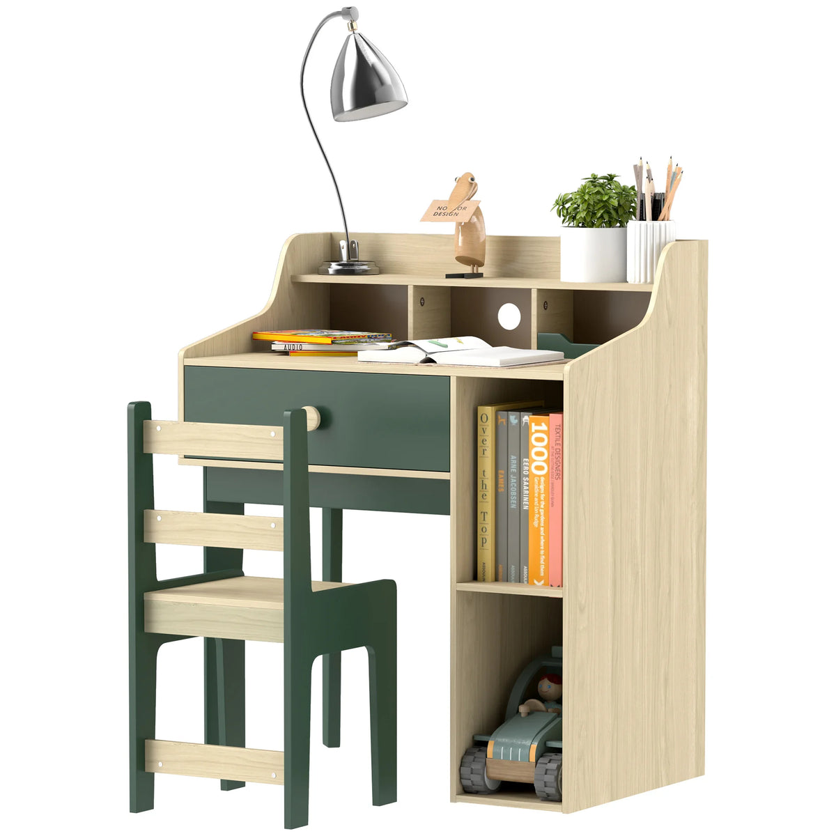 Kids Desk and Chair Set with Double Layer Shelf Drawer and 2 Storage Grids for Ages 3-10 Green
