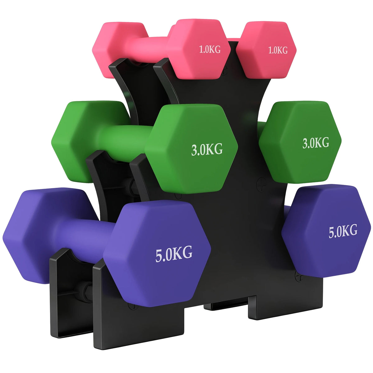 18kg Hex Dumbbell Set with Storage Rack, 2 x 1kg, 2 x 3kg, 2 x 5kg