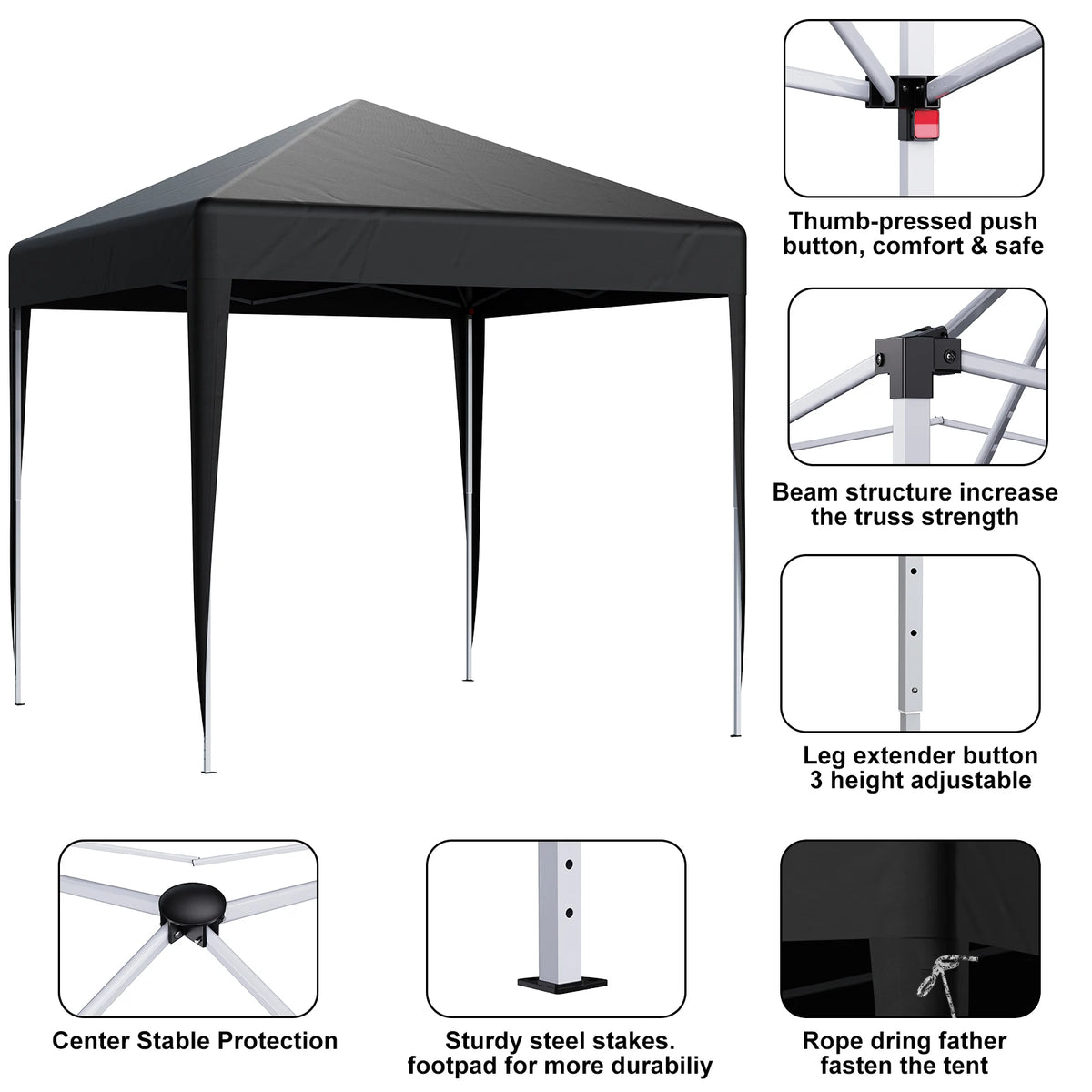 2x2M Pop Up Gazebo Waterproof Canopy with Adjustable Steel Frame