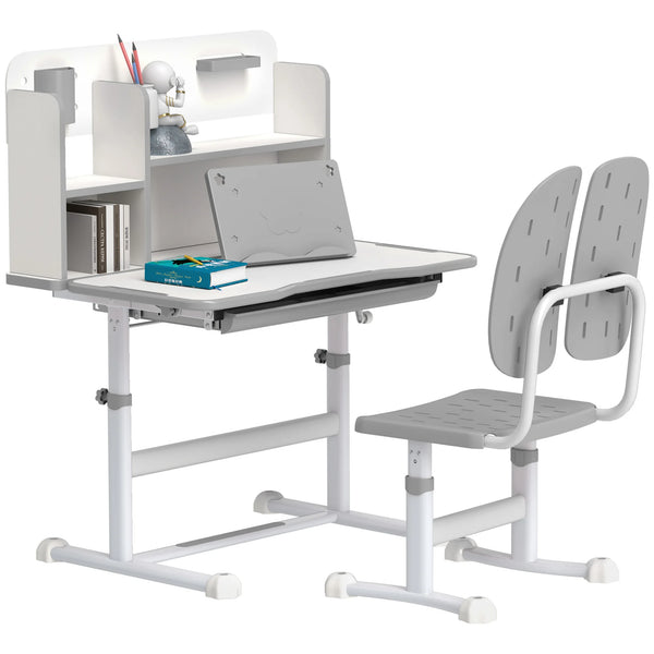 Height Adjustable Kids Study Desk with 0-45° Tiltable Top Drawer Bookshelf and Reading Rack Ages 3-13
