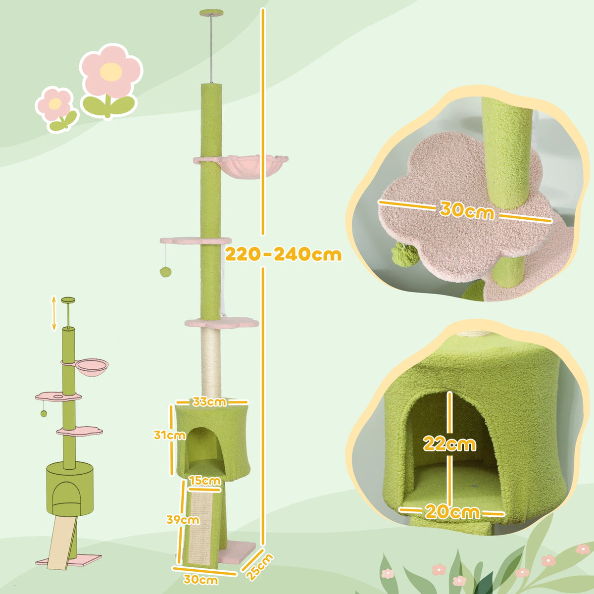 PawHut Floor to Ceiling Cat Tree Adjustable 220-240cm Tower with Cat House Hammock Sisal Posts