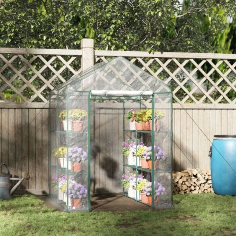 Walk-In Greenhouse with 3-Tier 8 Shelves, Roll-Up Zipped Door, Hemmed Cover and Steel Frame