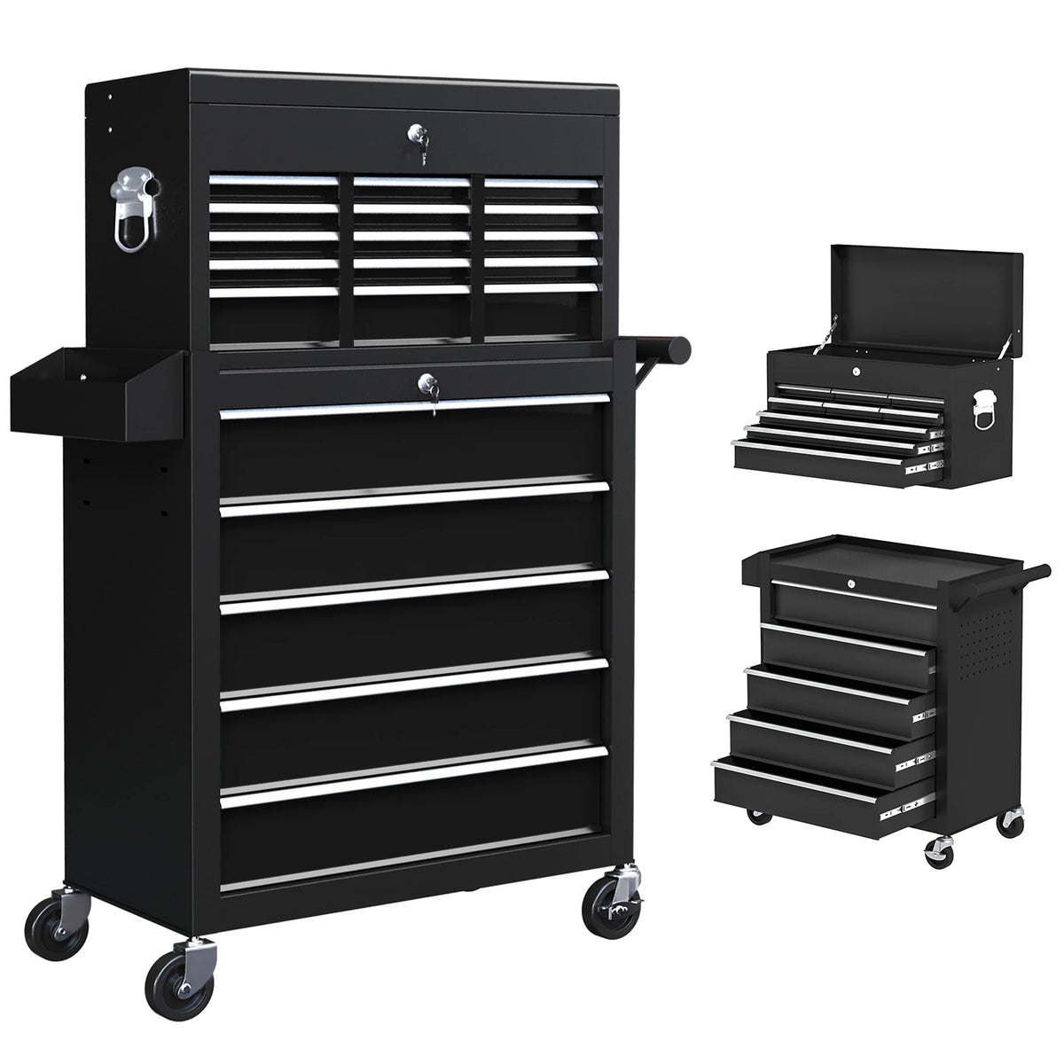 Rolling Tool Cabinet and Top Chest Combo with Lockable Drawers and Pegboard, Black