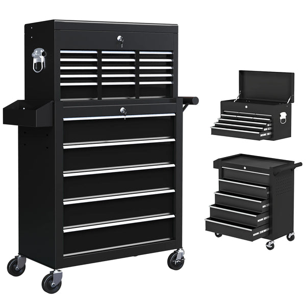 Rolling Tool Cabinet and Top Chest Combo with Lockable Drawers and Pegboard, Black