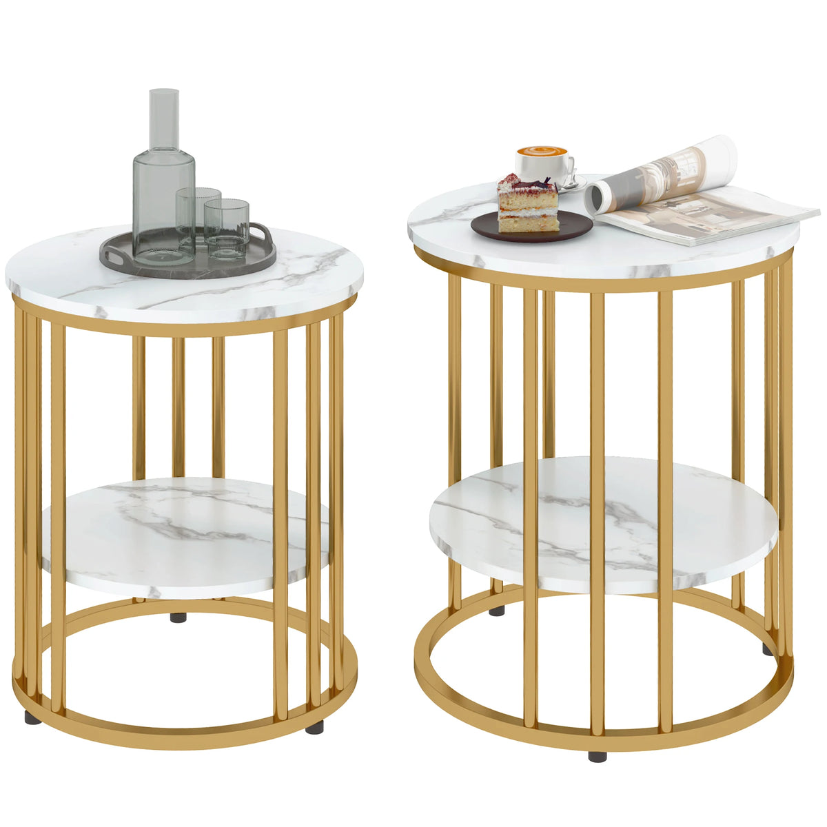 Marble-Effect Round Coffee Tables Set of 2 with Shelf, Gold Tone and White