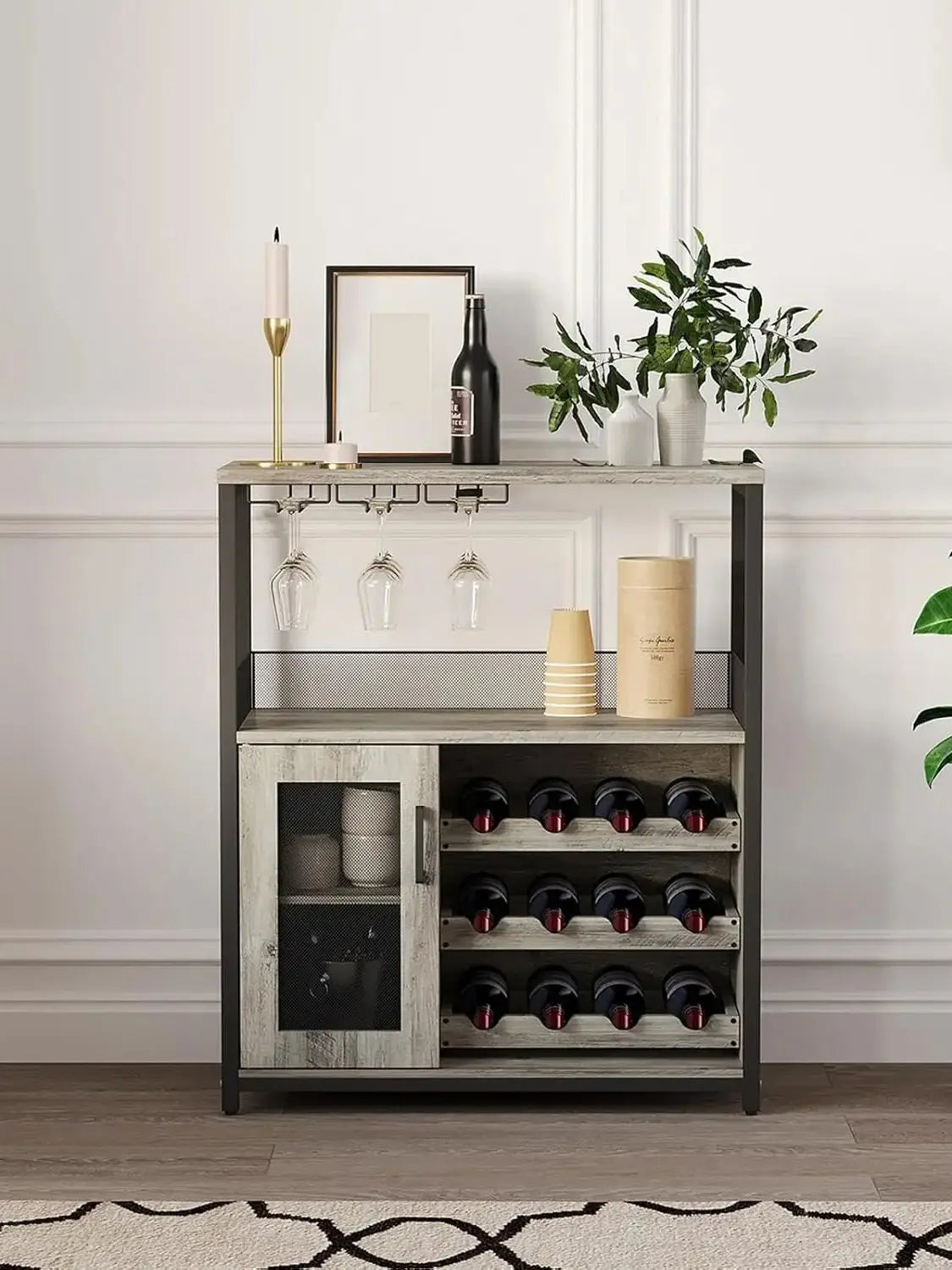Bar Cabinet with Detachable Wine Rack and Glass Holder | 36 Inch Mesh Door Coffee Bar Cabinet with Adjustable Shelves