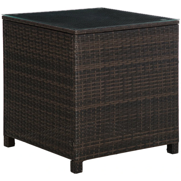 Rattan Garden Side Table 64x64x68cm Tempered Glass Top 70kg Capacity Weather Resistant for Patio Balcony Brown