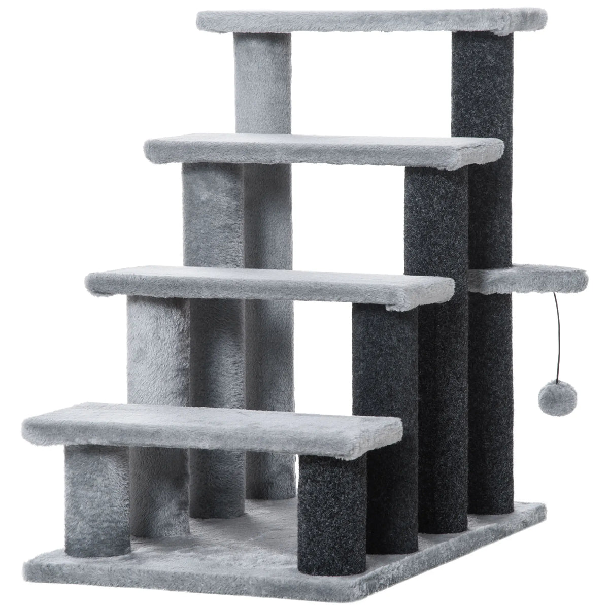 4-Step Cat Stairs with Scratching Posts, Platform and Hanging Ball, Light Grey