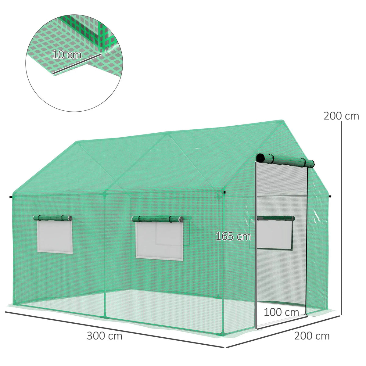 Polytunnel Greenhouse 2x3m with Wide Roll Up Door 4 Mesh Windows Galvanised Steel Frame Green