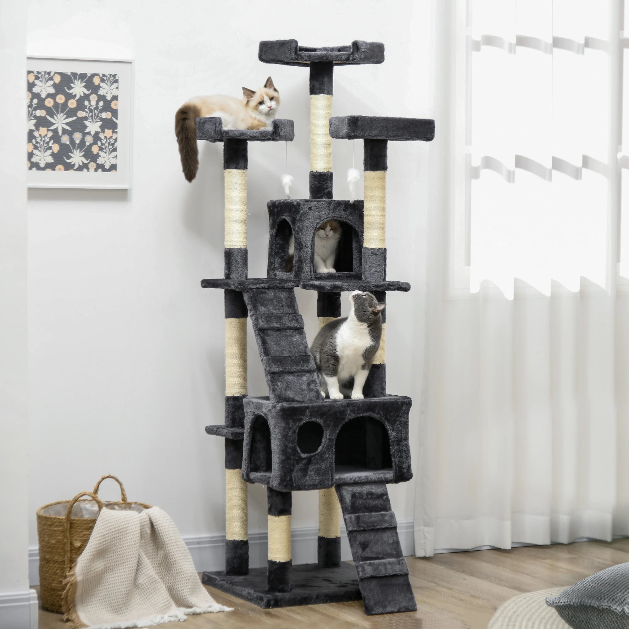 Large Cat Tree 173cm Scratcher Activity Centre with 2 Cat Houses 3 Perches Sisal Posts Dangling Toys Charcoal Grey