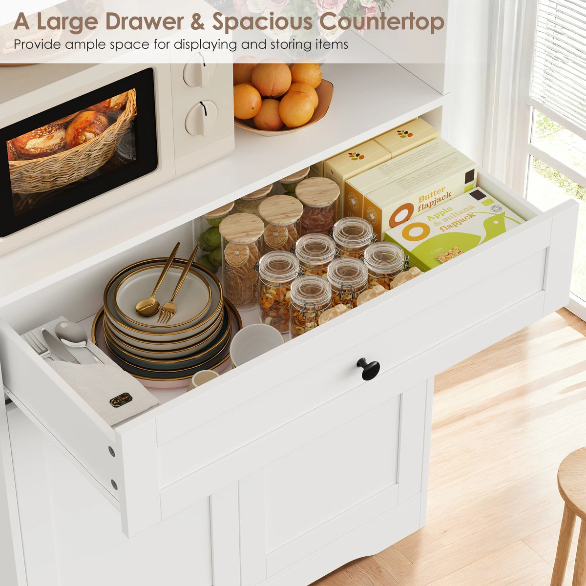 180cm Tall Kitchen Cupboard with Large Countertop and 4 Doors | White or Black Pantry Cabinet with Drawer and Adjustable Shelves
