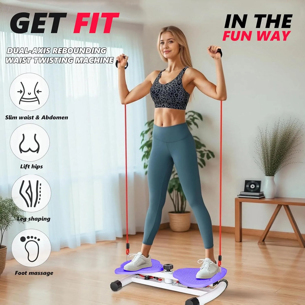 Waist Twist Board with Adjustable Resistance Foot Massage Blocks Elastic Cords ABS and Stainless Steel