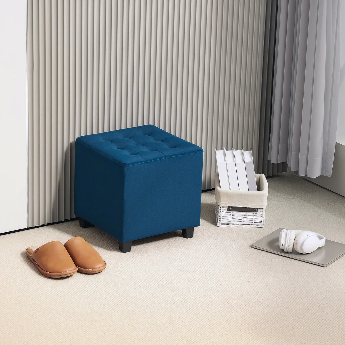 Square Footstool Small Ottoman with Wood Legs for Bedroom