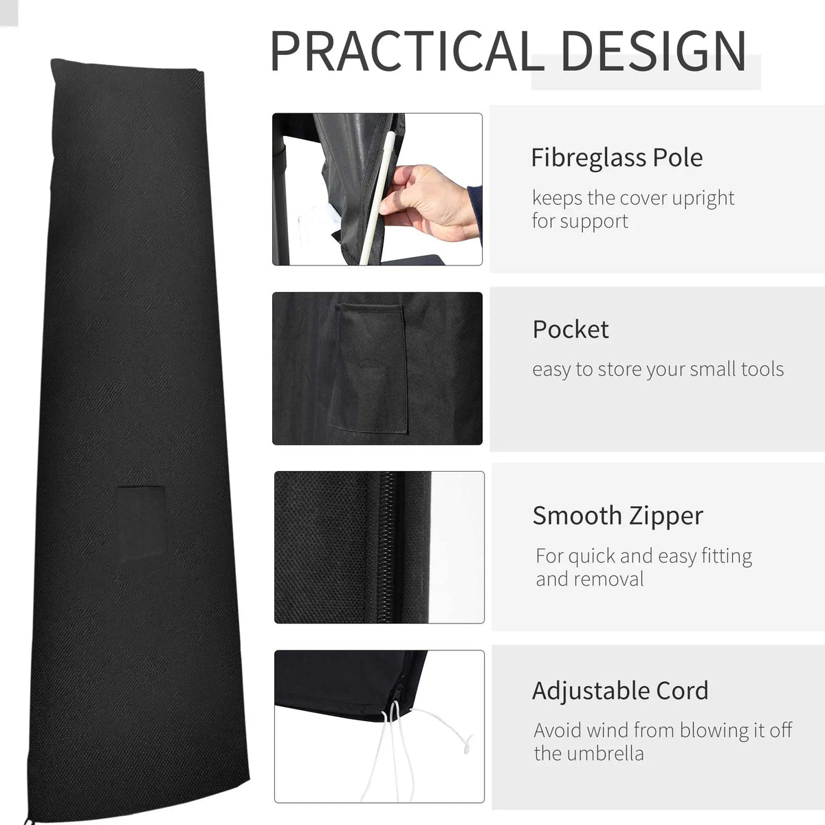 Garden Parasol Cover, Waterproof Outdoor Cantilever Banana Umbrella Protector, 300D Oxford Fabric, 200 x 50/80cm