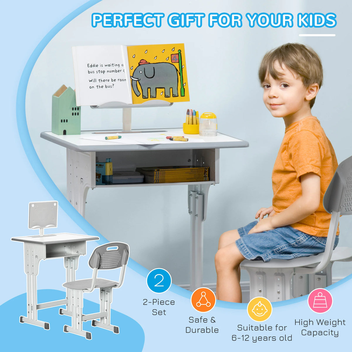 Open drawer on a kids desk showing A4 exercise book storage