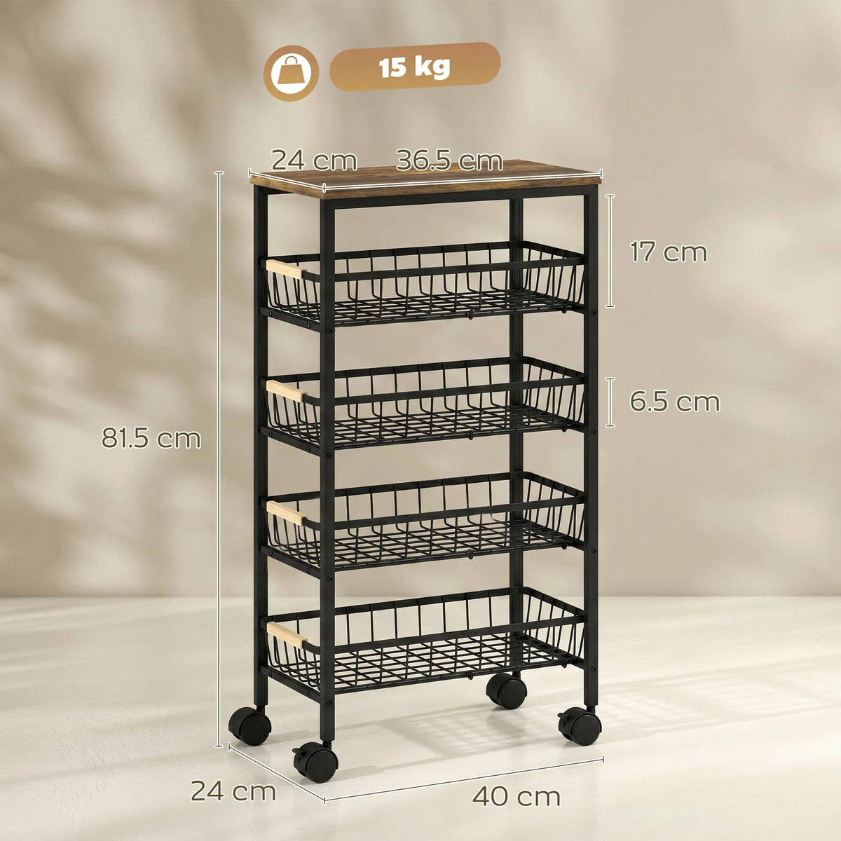 Slim 4-Tier Storage Trolley with Pull-Out Baskets, Rustic Brown