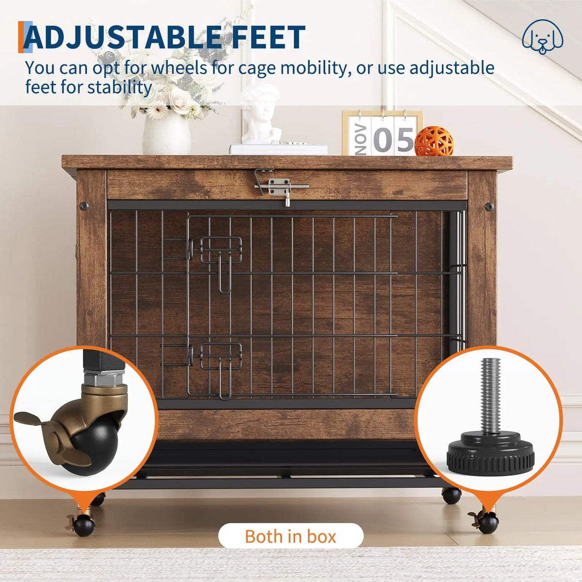 Small Wooden Dog Crate Furniture 26.4x19.7x25.6in 2 Doors Locking Wheels Heavy Duty Indoor Kennel