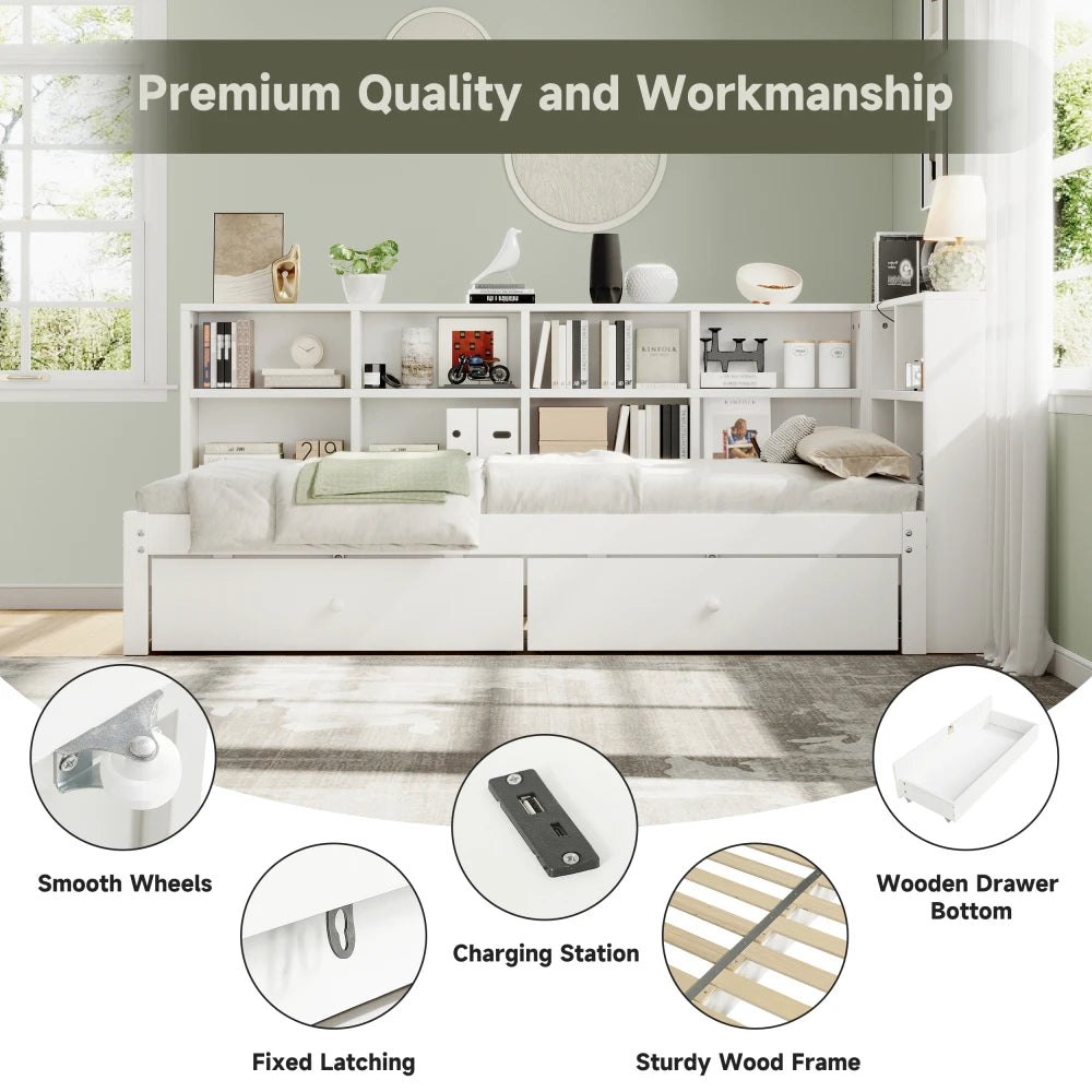 3ft Single Daybed with Storage Drawers, Pull-Out Trundle & Charging Station, White