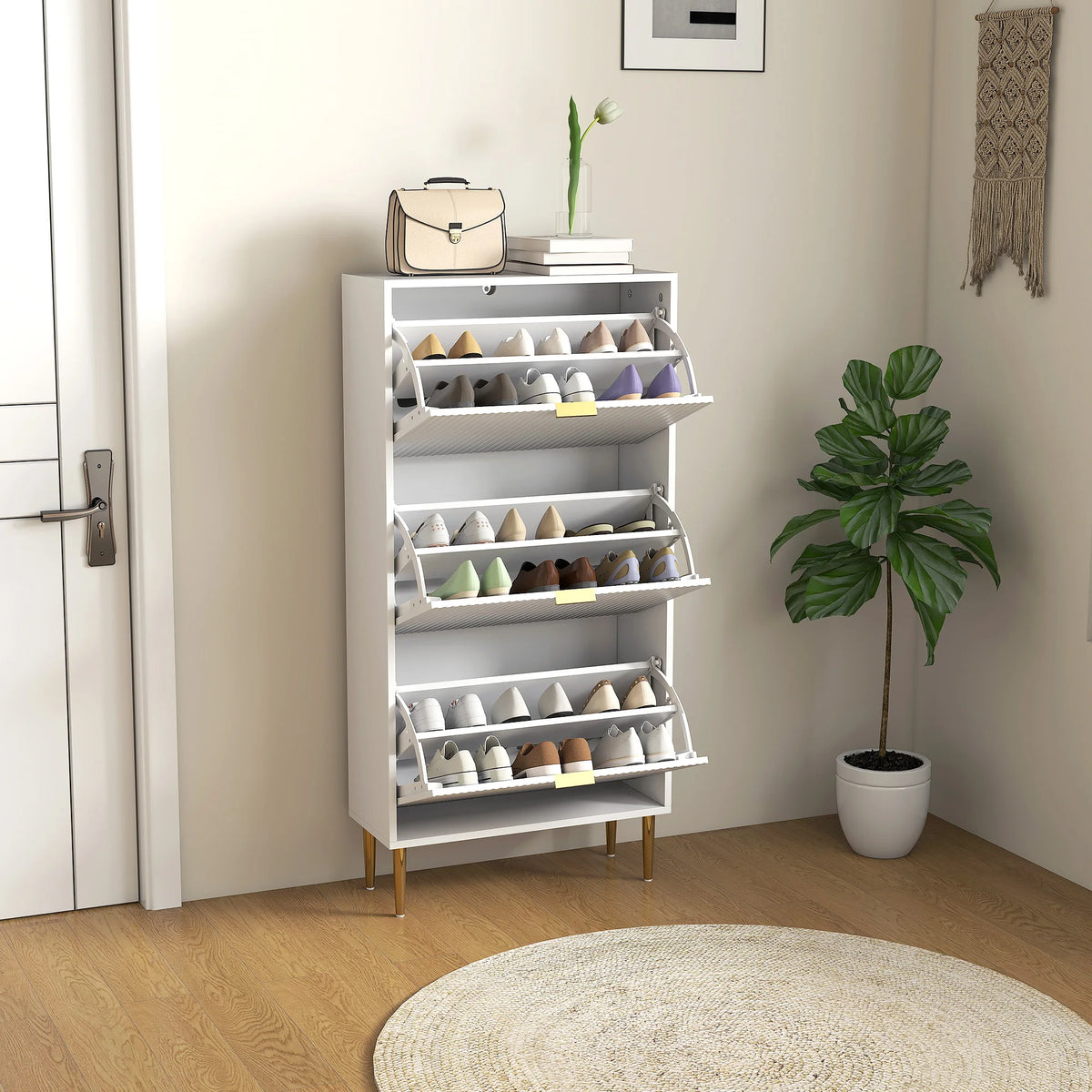 Slim Shoe Cabinet for 18 Pairs with 3 Flip Drawers Fluted Panel Doors Gold Tone Handles Adjustable Shelves White