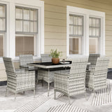 6 Seater Rattan Garden Dining Set with Cushions Tempered Glass Table and Steel Frame Outdoor Furniture Set Mixed Grey