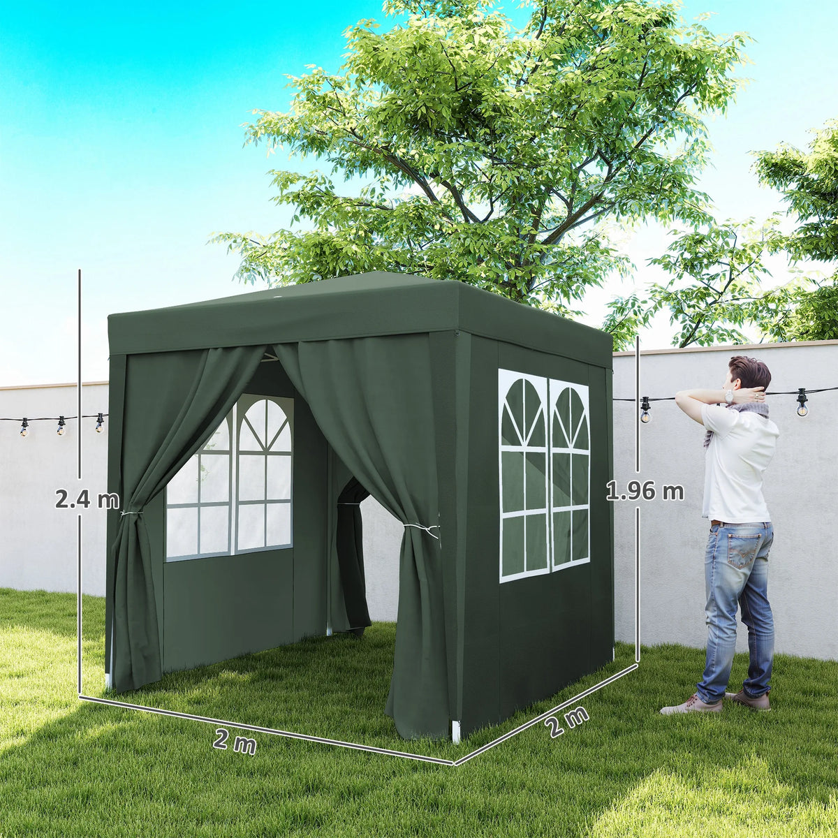 2 x 2m Pop Up Gazebo with Removable Sides and Windows, Green