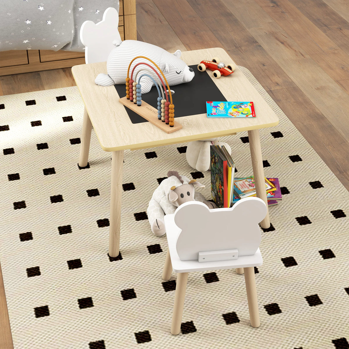 3 Piece Toddler Table and Chairs Set with 3 in 1 Flip Top Storage Grids and Bear Shaped Chairs 60x60x44cm
