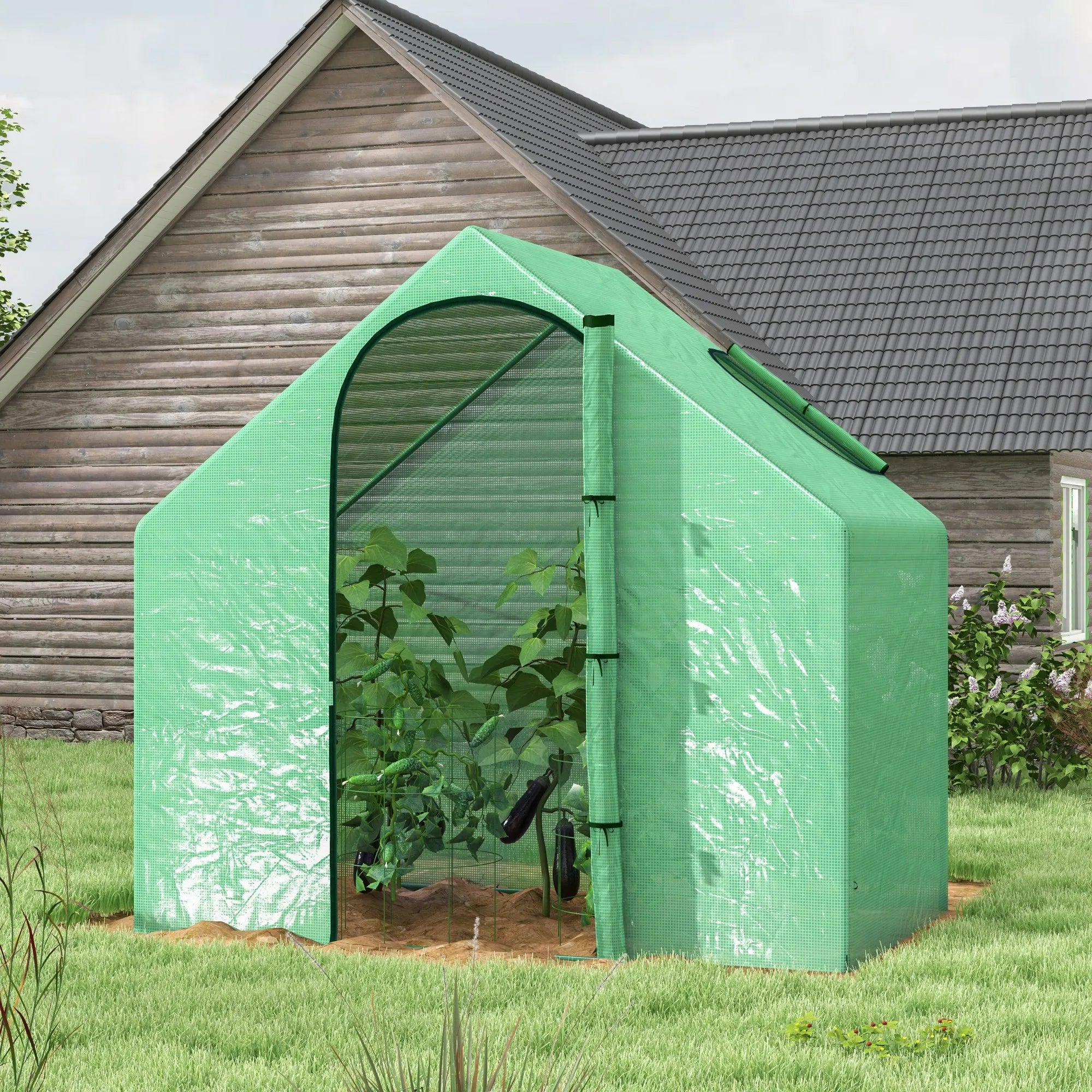 Walk-In Portable Greenhouse with UV-Resistant PE Cover, Zipped Door, Back Window and Steel Frame