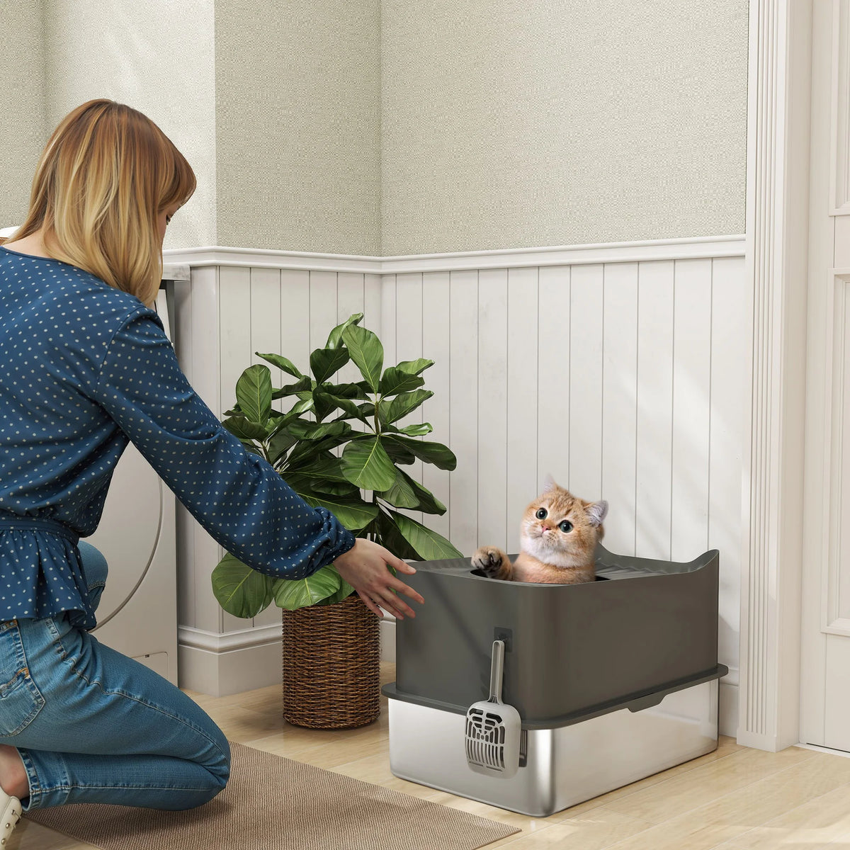 Enclosed Cat Litter Box with Top Entry, Dark Grey