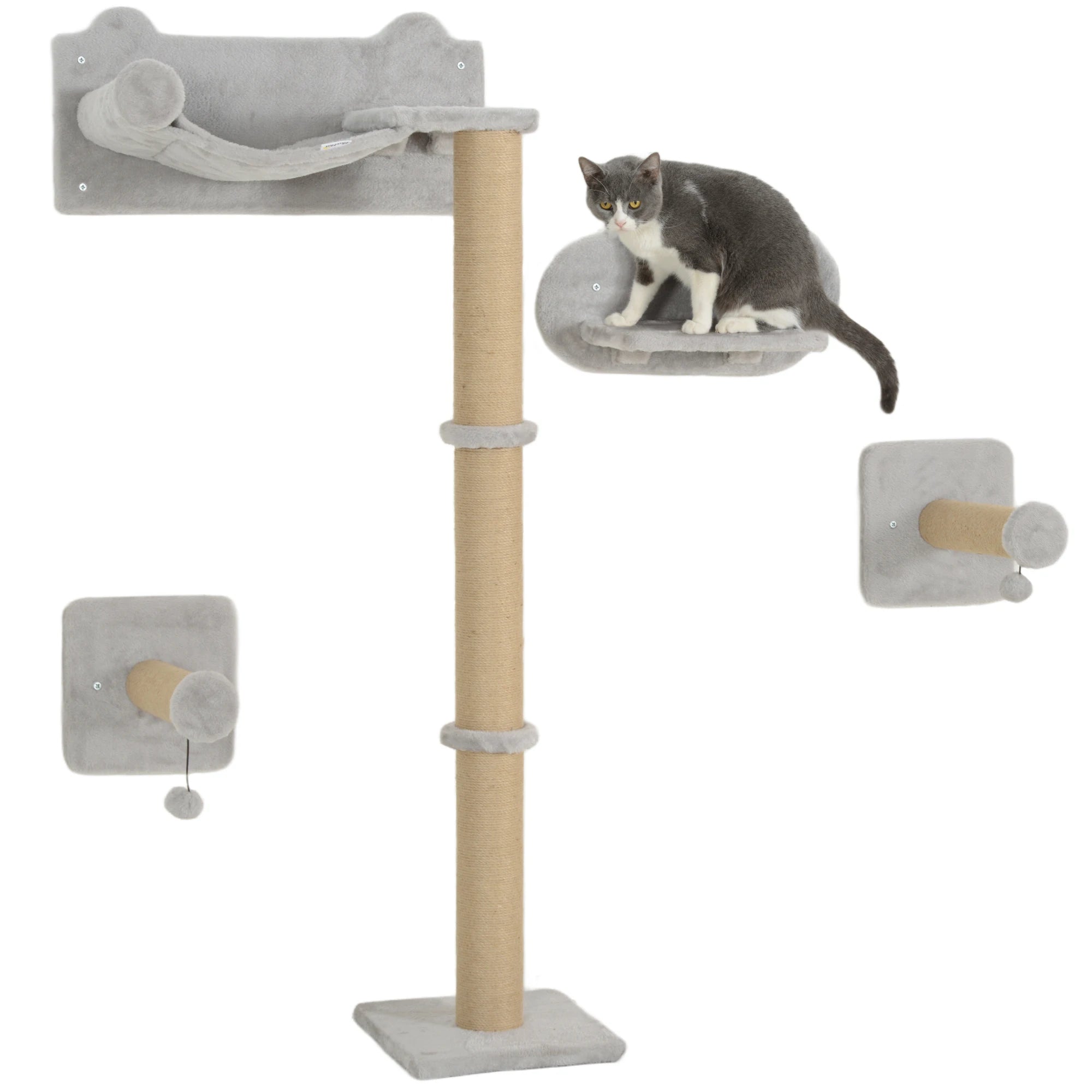 4 Piece Cat Wall Shelves with Scratching Post Steps Cloud Platform Ladder Toy Balls Wall Mounted Light Grey
