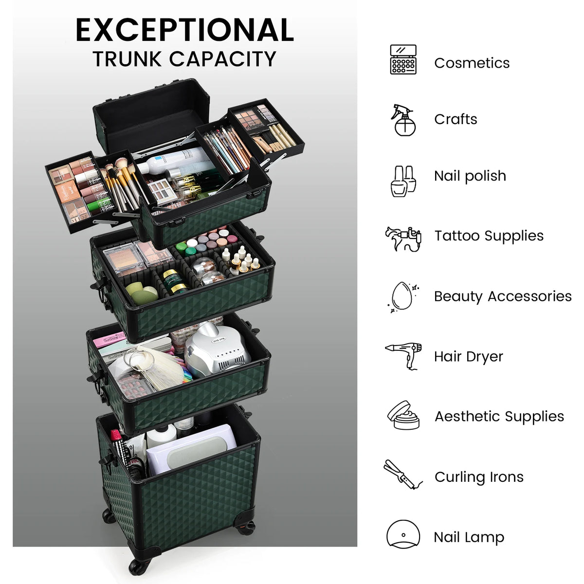 Extra Large 4 in 1 Removable Makeup Trolley Case on Wheels with Key Lock 36-55L PVC for Nails and Barbering