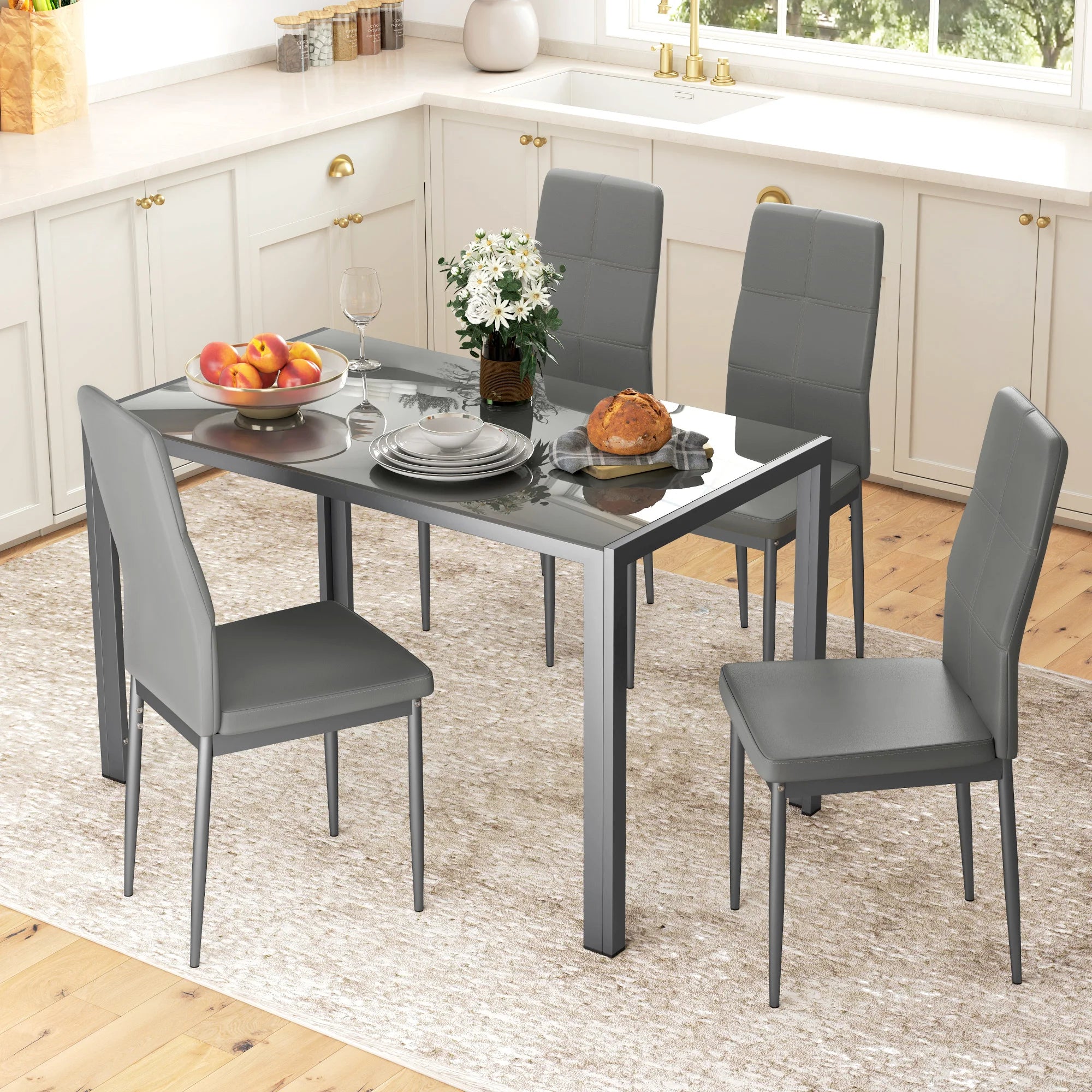 5-Piece Dining Table and Chair Set with Tempered Glass Top and Faux Leather Padded Chairs for 4