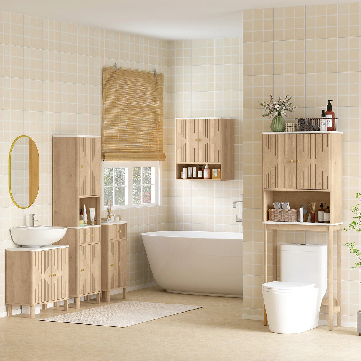 Wall-Mounted Bathroom Cabinet with Adjustable Shelf and Open Shelf, Oak and White