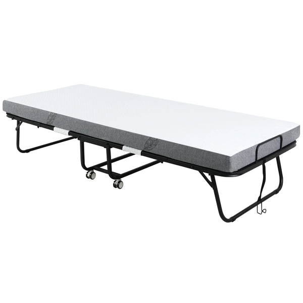 Folding Guest Bed with 10cm Mattress and Lockable Wheels, Single 200 x 80 cm, White