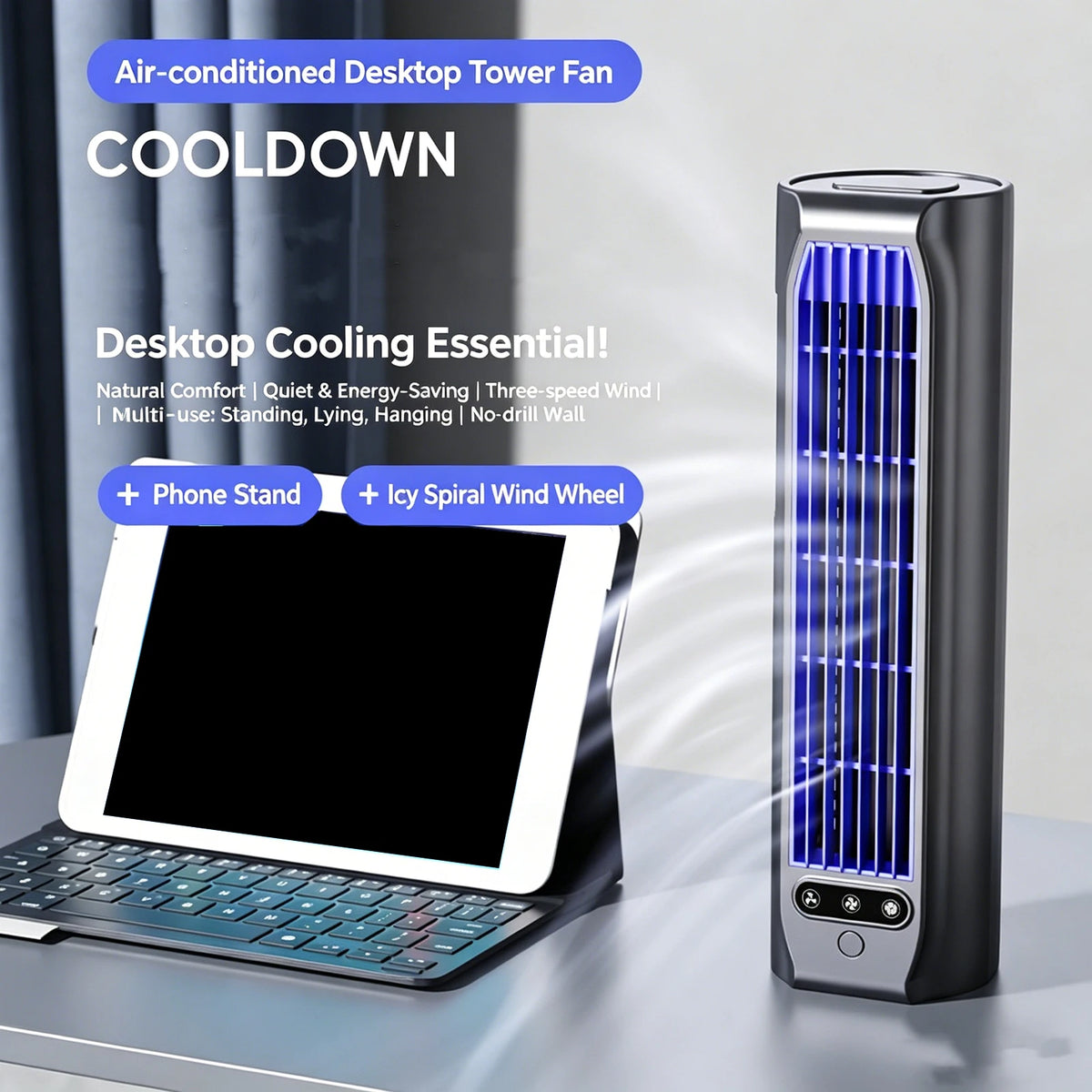 USB Rechargeable Bladeless Air Cooler Wall Mount or Desktop 3 Speeds LED Touch Screen 3000mAh for Bedroom Office