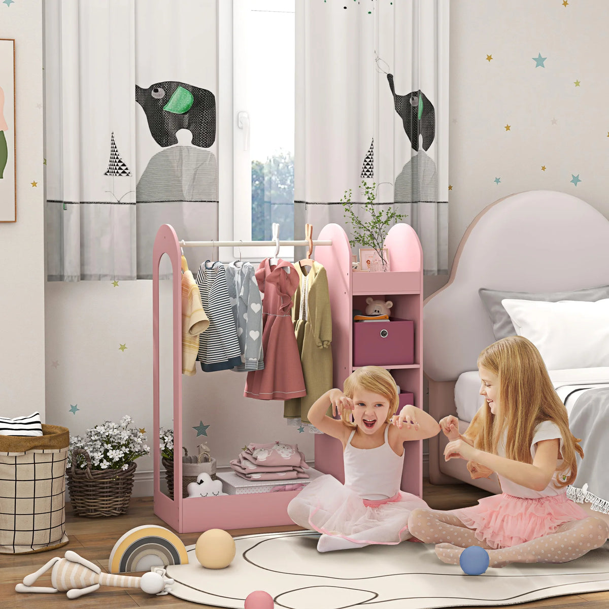 Kids Dress-Up Clothes Rail with Storage Shelf, Boxes and Mirror