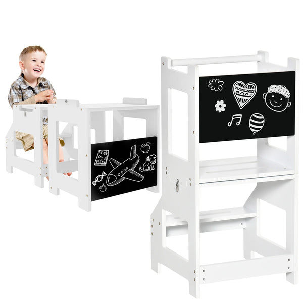 2 in 1 Kids Kitchen Step Stool with Safety Rail Converts to Table and Chair with Chalkboard MDF White