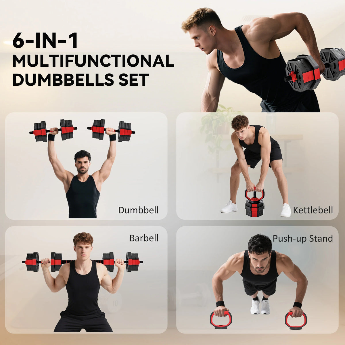 6-in-1 Adjustable Dumbbell Set, 20kg Free Weights Set