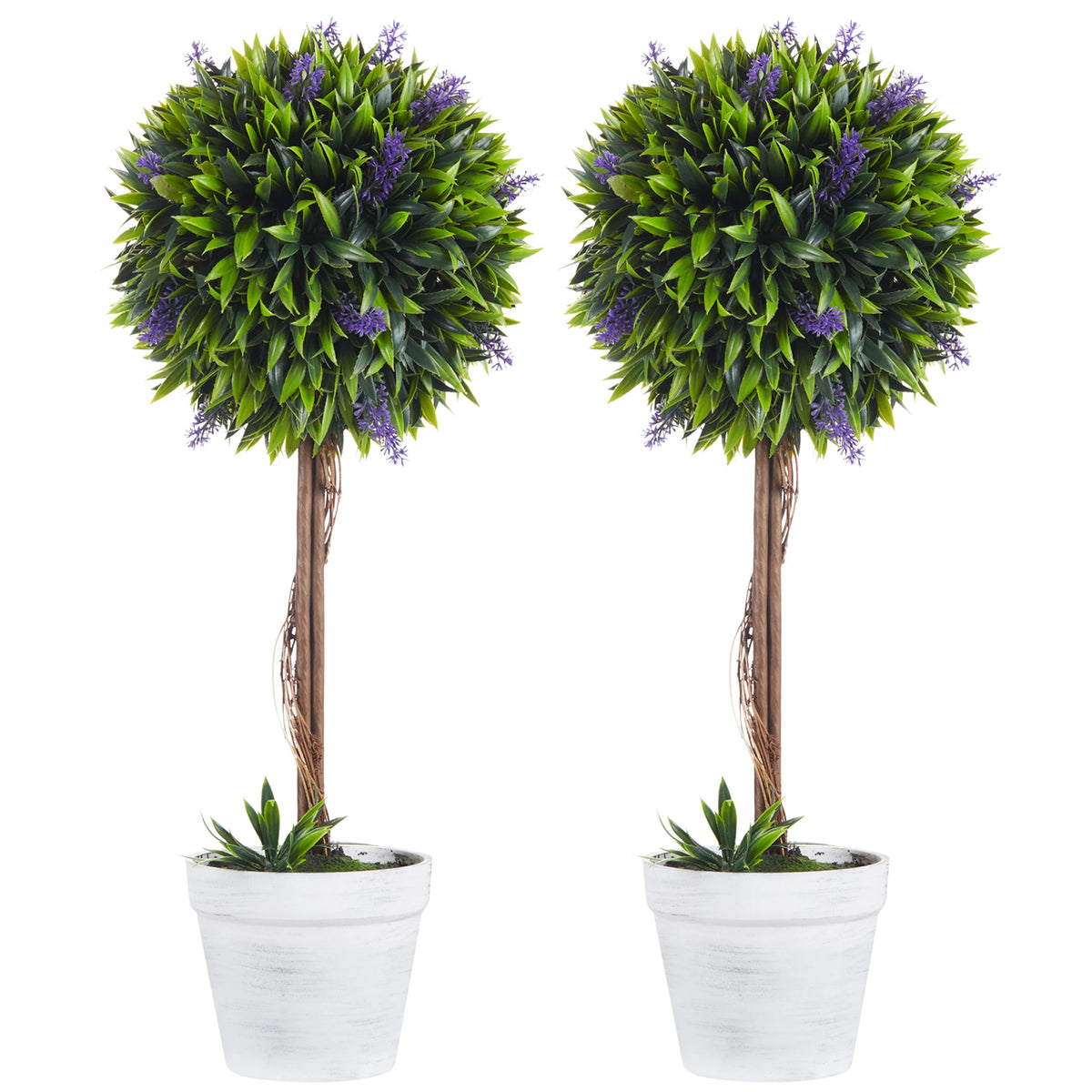 Set of 2 Artificial Ball Trees with Lavender Flowers 60cm Potted Faux Plants with Cement Soil Green