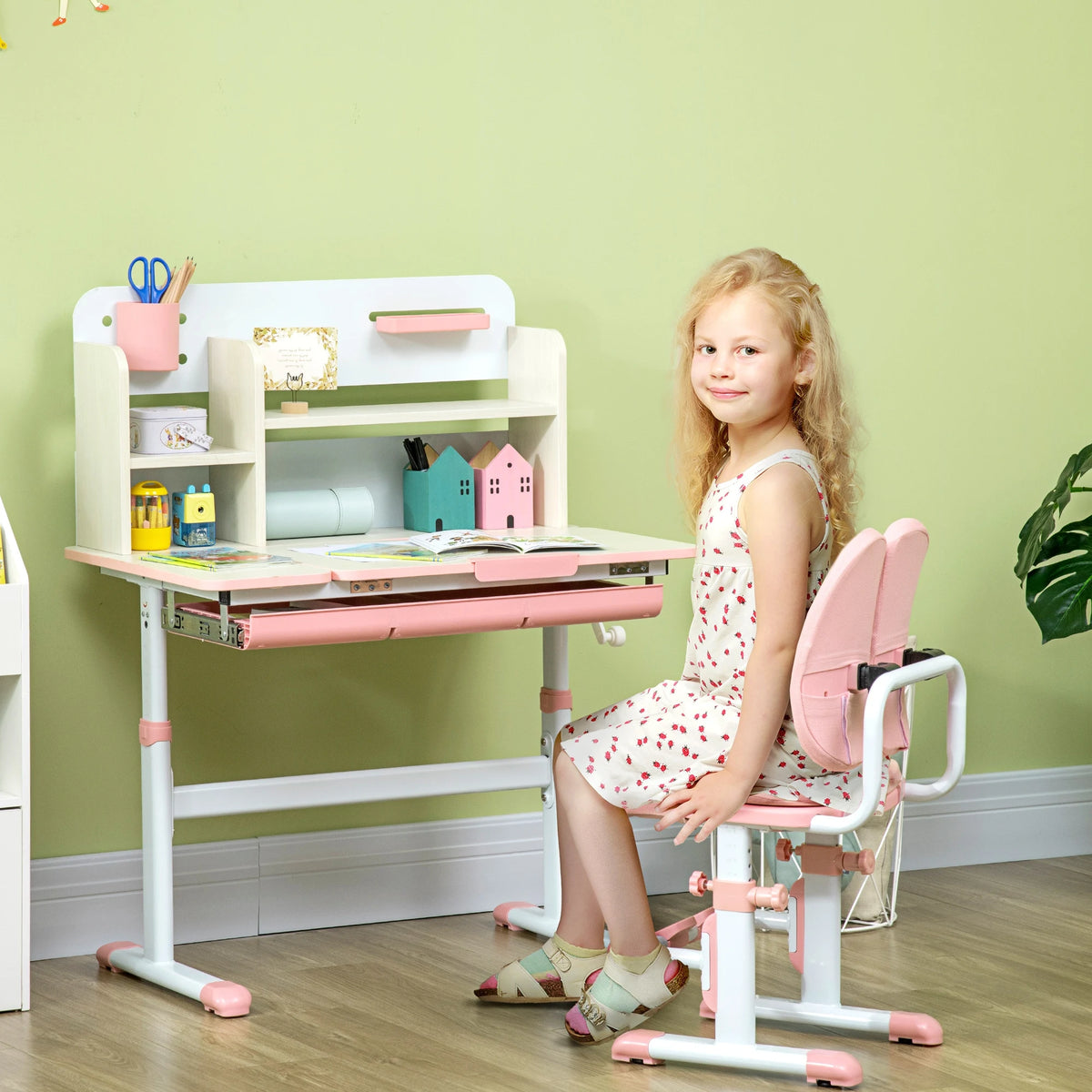 Kids Study Desk and Chair Set, Height Adjustable Set with Storage Shelves, Anti-Slip Mat, for Ages 3-12 Years