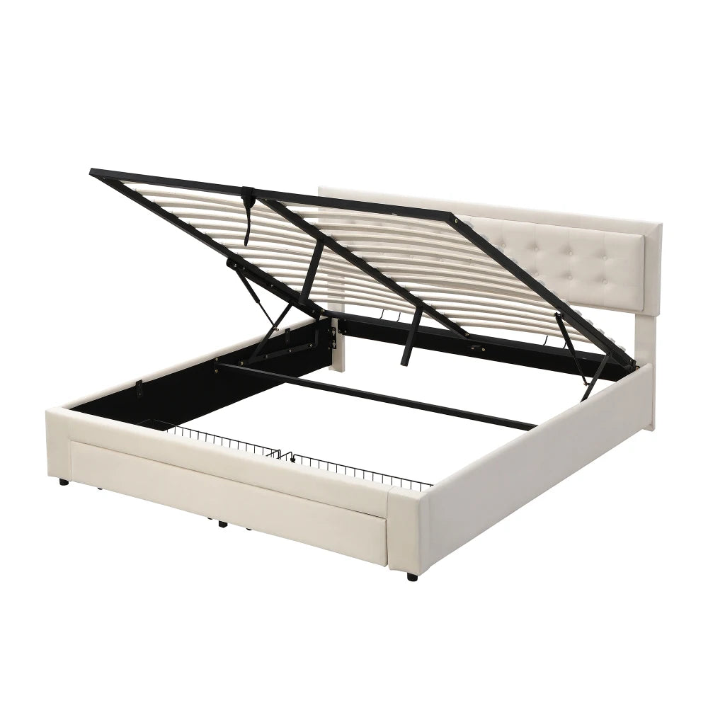 Super King 6ft Upholstered Bed Frame with Storage, Cream Velvet, Height-Adjustable Headboard