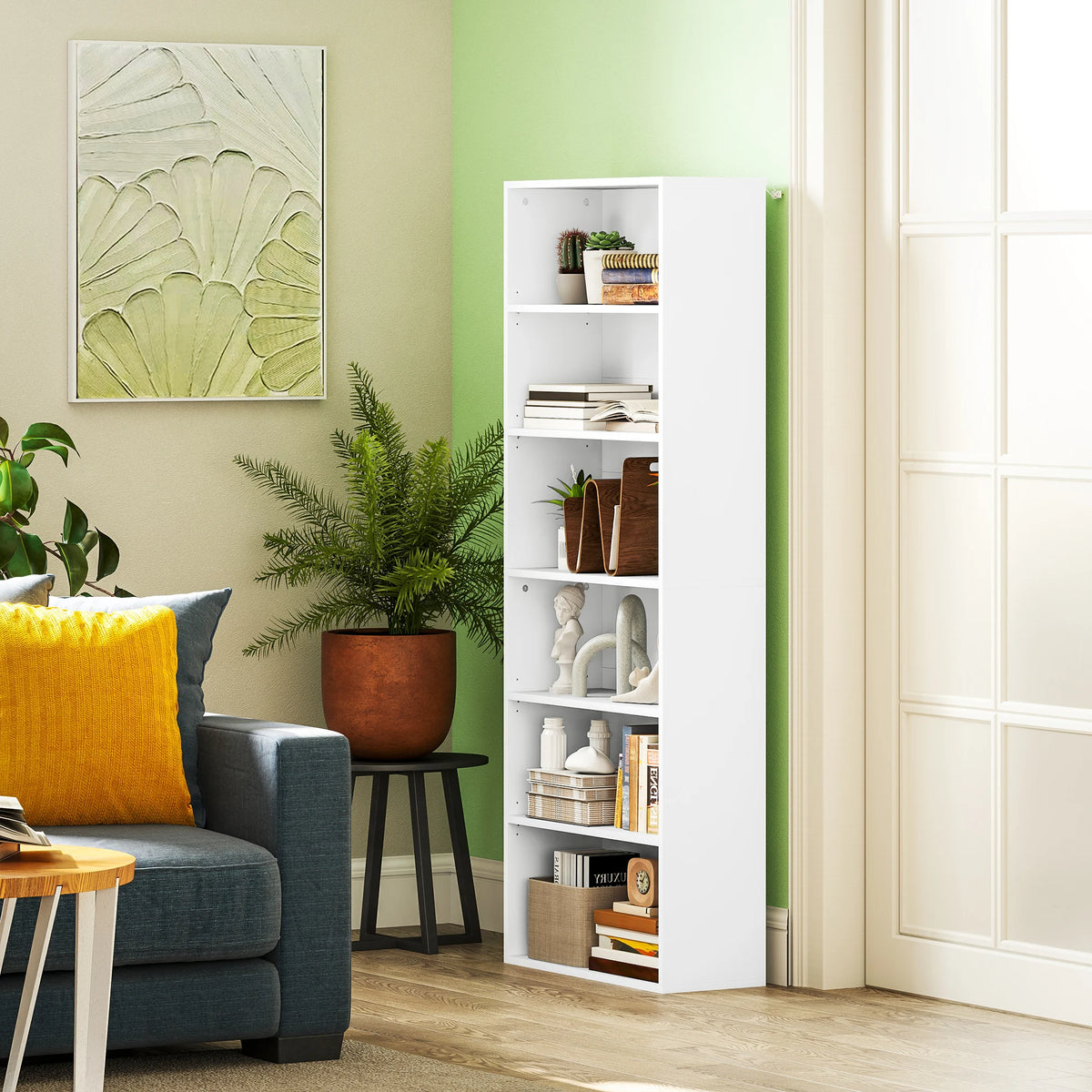 6 Tier Bookshelf, Freestanding Bookcase with Adjustable Shelves, White