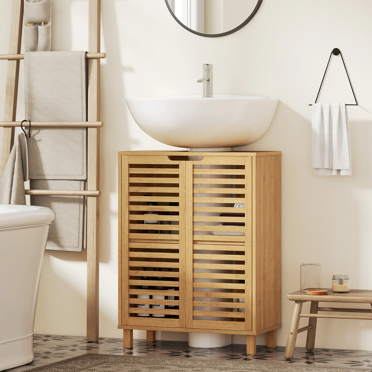 Bamboo Under Sink Bathroom Cabinet with Adjustable Shelf, Natural
