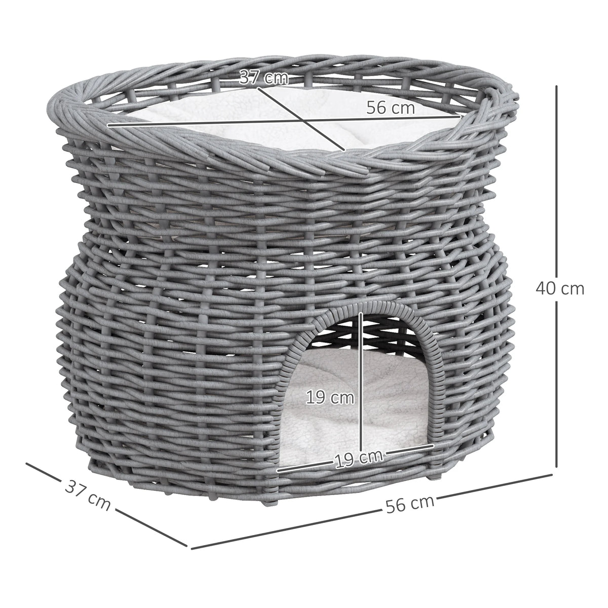 2 Tier Elevated Wicker Cat House with Cushion Willow Basket Condo Open Lounging Bed and Wide Entrance
